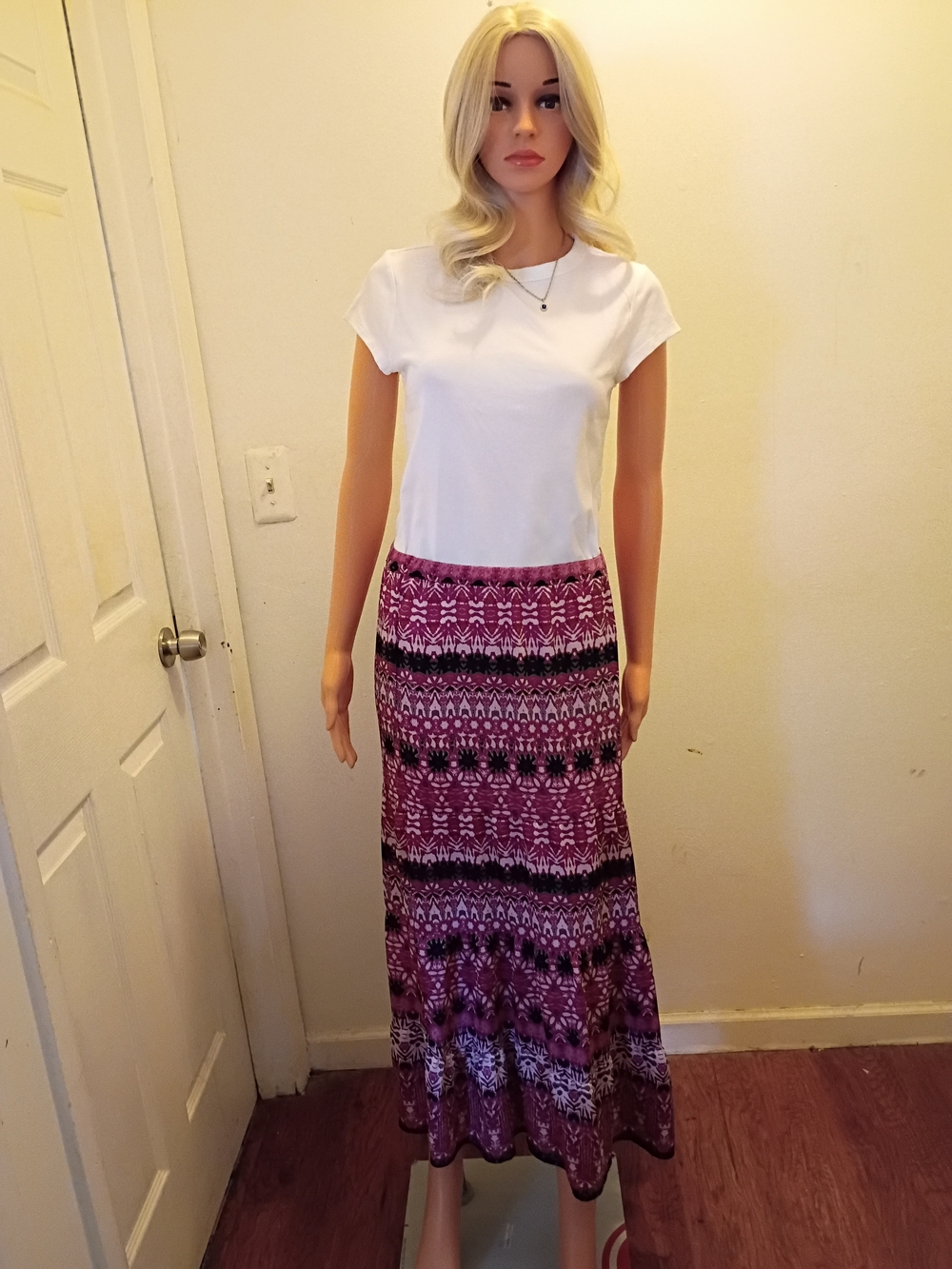 Jaclyn Smith Purple Patterned Maxi Skirt with Black Accents